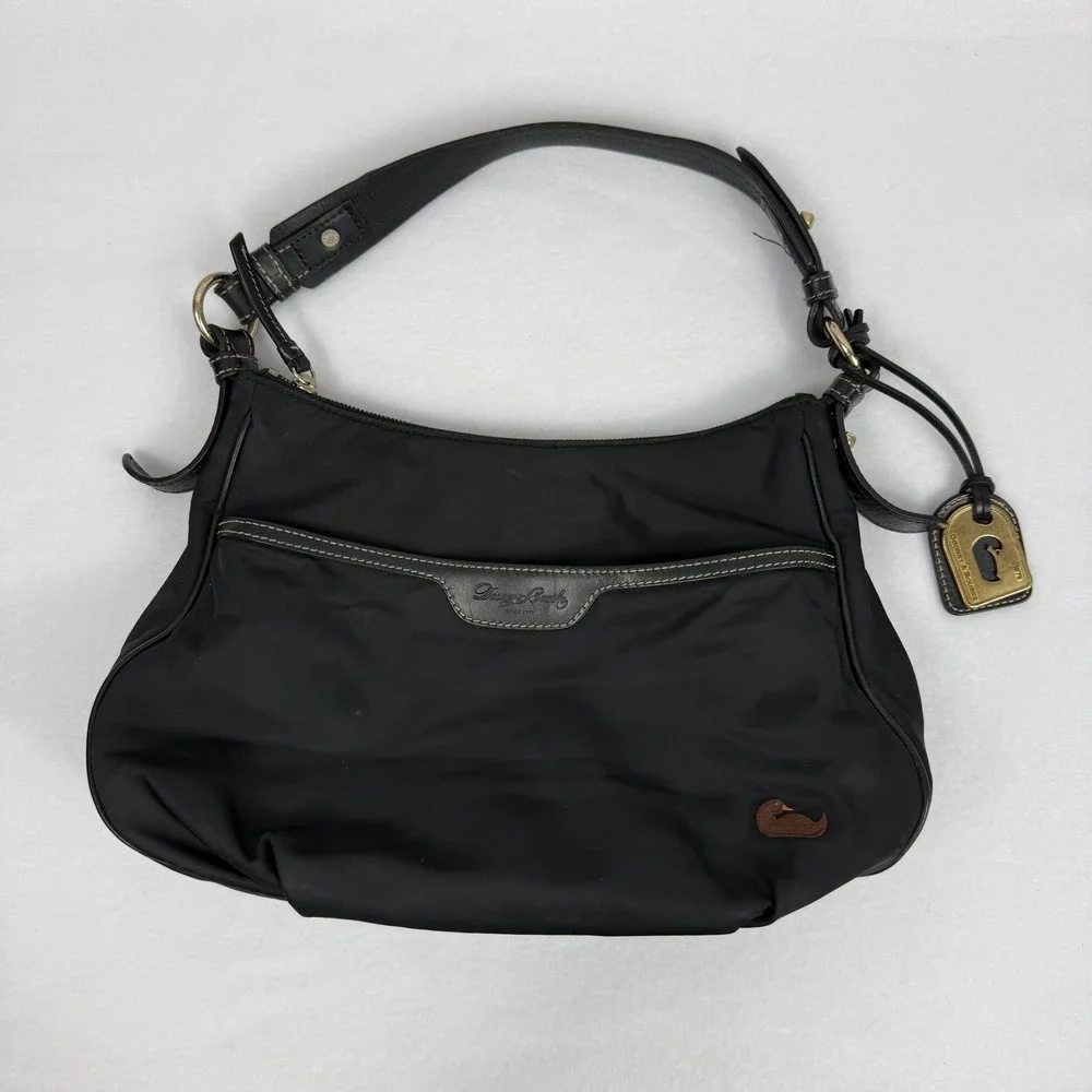 DOONEY & BOURKE Black Nylon Hobo Shoulder Bag Leather trim pink lining READ‎
